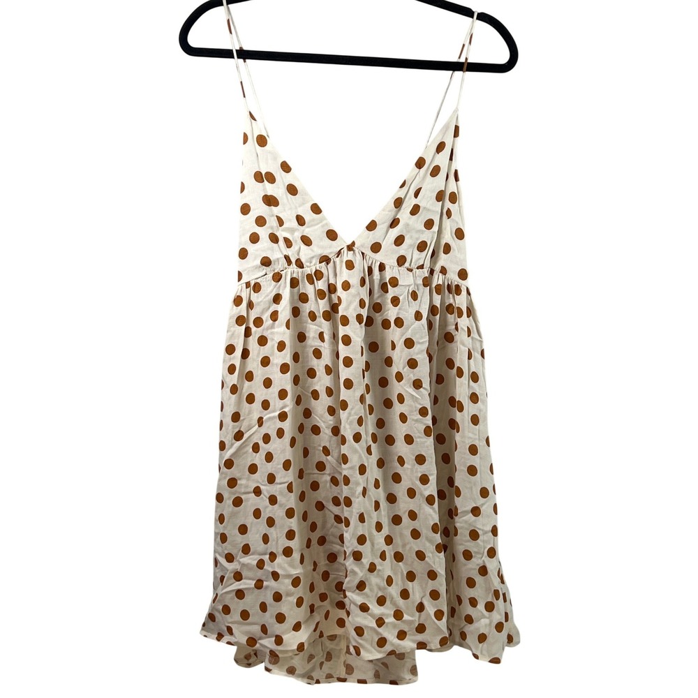 NWT Zara Cream Brown Polka Dot Tie Open Back Deep V-Neck Sundress‎ Boho Dress L